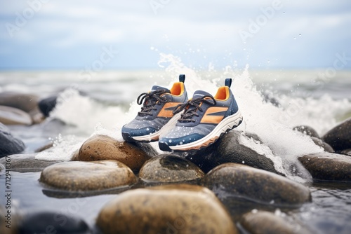 waterresistant sneakers on rocks with splashing waves
