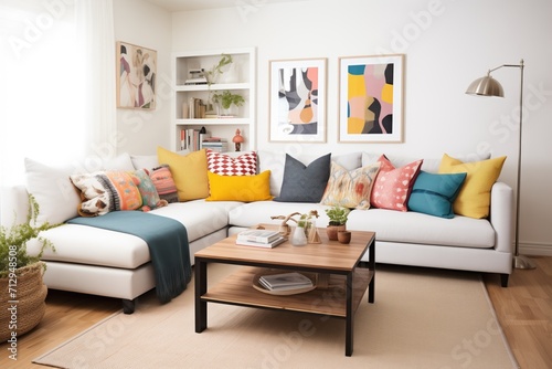 l-shaped sectional couch with lots of throw cushions