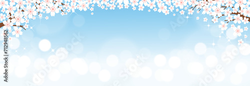Spring Background,Nature Landscape Cherry flowers blossom frame border with bokeh sunlight reflection from sky blue in morning.Vector Banner banner for Easter,Mothers Day,invitation,greeting card