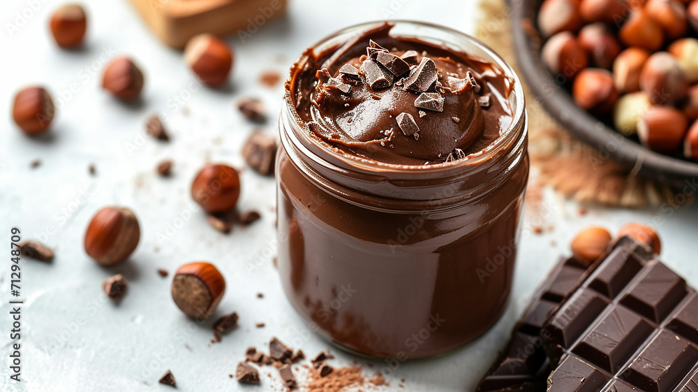 Chocolate paste in jar with hazelnuts on white backgrounds. Made with generative ai Chocolate paste in jar with hazelnuts on white backgrounds. Made with generative ai
