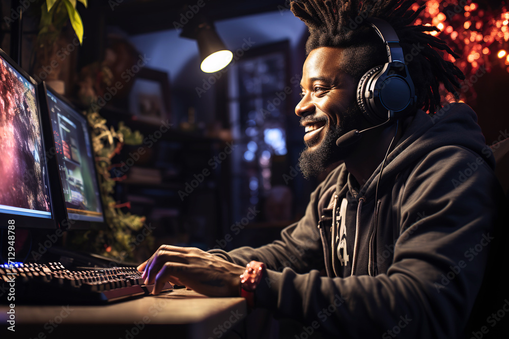 Happy young smiling black man teen gamer streamer playing online games in front of computer monitor - obrazy, fototapety, plakaty 