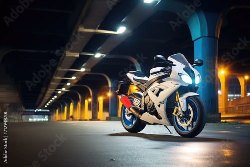 blue and white sports bike with neon lights under a bridge at night