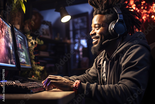 Happy young smiling black man teen gamer streamer playing online games in front of computer monitor photo