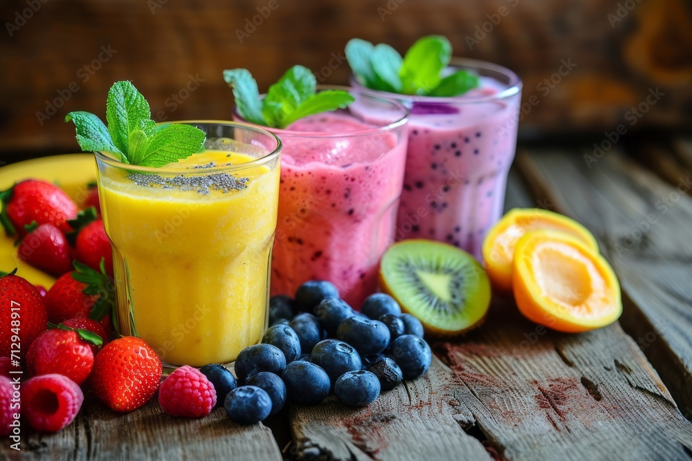Fresh fruit drinks smoothies. Generative AI Fresh fruit drinks smoothies. Generative AI