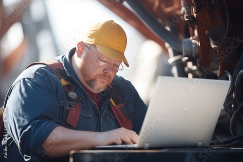 ship mechanic using a laptop for diagnostics on the bridge photo
