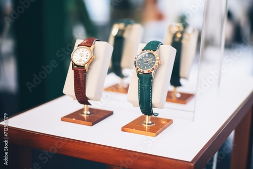 elegant wristwatches showcased on velvet stands photo