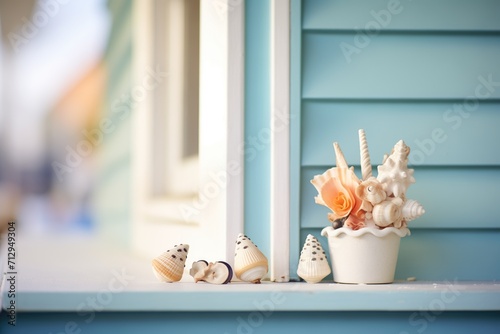 closeup of pastel blue cottage with seashells on window sill photo
