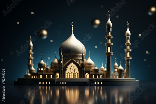 Elegant Mosque Silhouette with Crescent Moon, on an isolated Midnight Blue background, Generative AI 