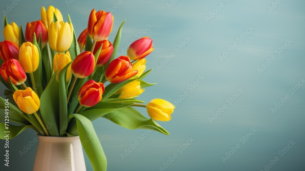 Vibrant Tulips in Vase Against Teal Background