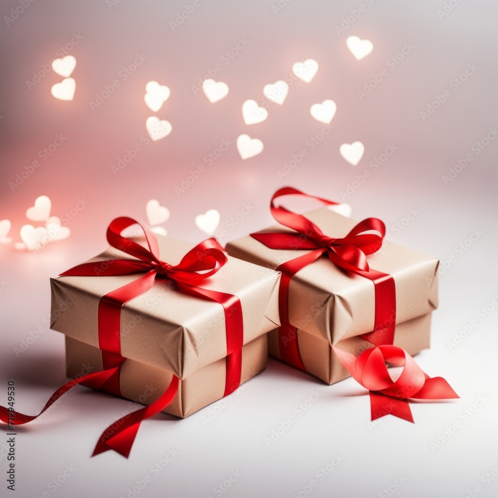 Gift box with craft paper and red ribbon. Two hearts and bokeh background. Valentine's Day Greeting Card.