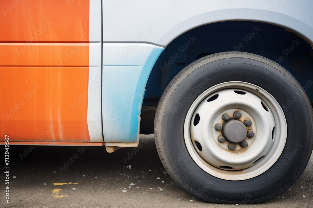 closeup of cargo van wheel and side panel closeup of cargo van wheel and side panel