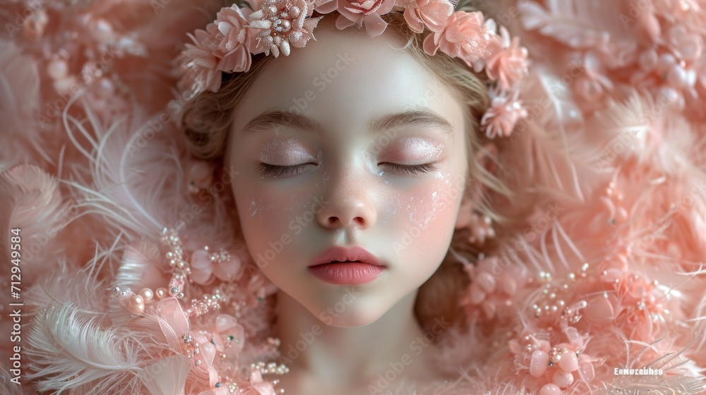 A young girl with a flower crown on her head A young girl with a flower crown on her head