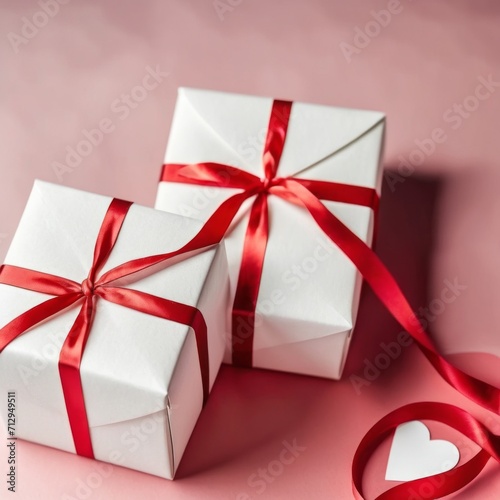Gift box with craft paper and red ribbon. Two hearts and bokeh background. Valentine's Day Greeting Card.