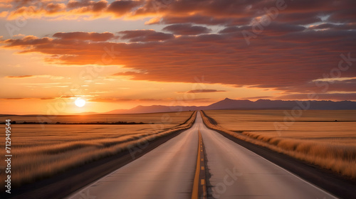 A road extending toward a vibrant sunset perspective view beautiful sunset landscape scene perfect for wallpaper, background, your websites, articles and blogs, wall arts © Maleesha