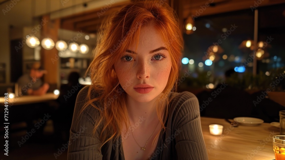 A woman sitting at a table with a glass of orange juice