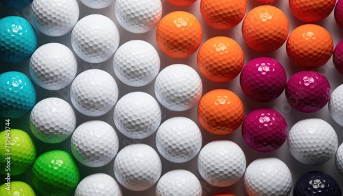 Top view A row of vibrant golf balls, a sporty decoration