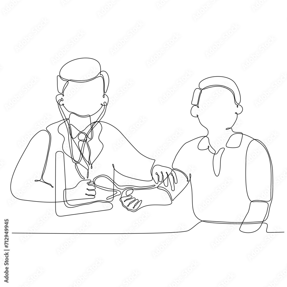 One line drawing of young male doctor checking patient's health condition and checking his pulse. Medical health care concept design vector illustration One line drawing of young male doctor checking patient's health condition and checking his pulse. Medical health care concept design vector illustration