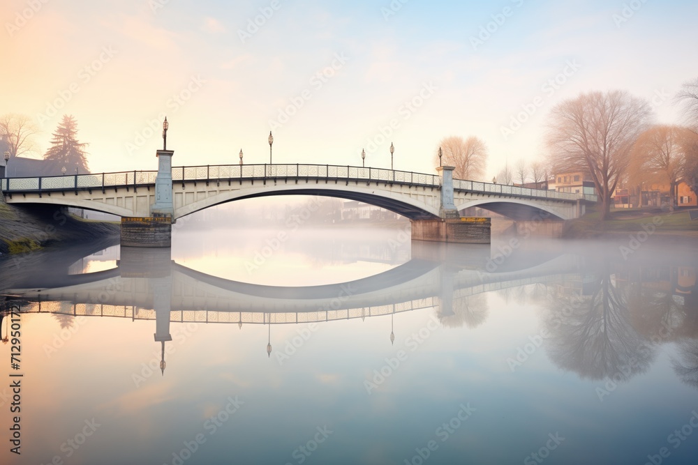 bridge reflecting on a calm river at dawn