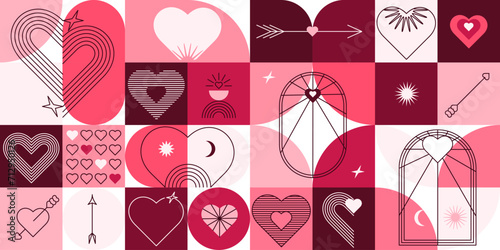 Abstract minimalist Valentine's Day pattern background. Modern geometric ornament with hearts. Vector banner design