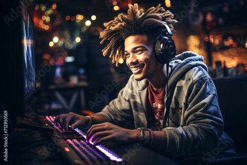 Happy young smiling black teen boy gamer streamer playing online games in front of computer monitor