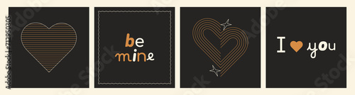 Happy Valentine's Day greeting cards design set. Geometric line art hearts with love typography. Modern 14 february holiday postcards, banner, background. Vector illustration