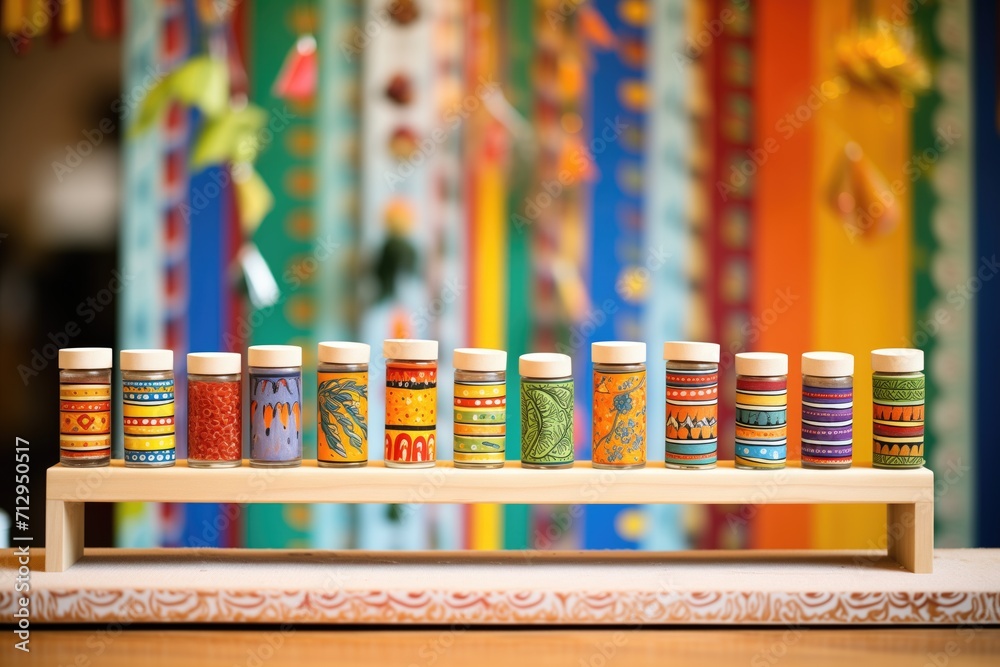 colorful organic spice jars lined on a spice rack