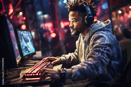 Happy smiling black man gamer streamer playing online games in front of computer monitor photo