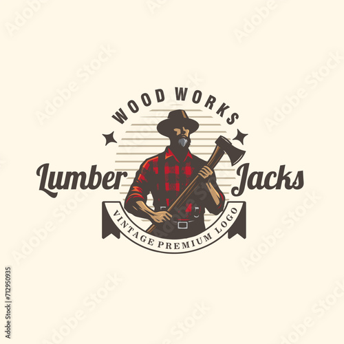 lumberjack man hold the ax vintage badge logo vector graphic illustration