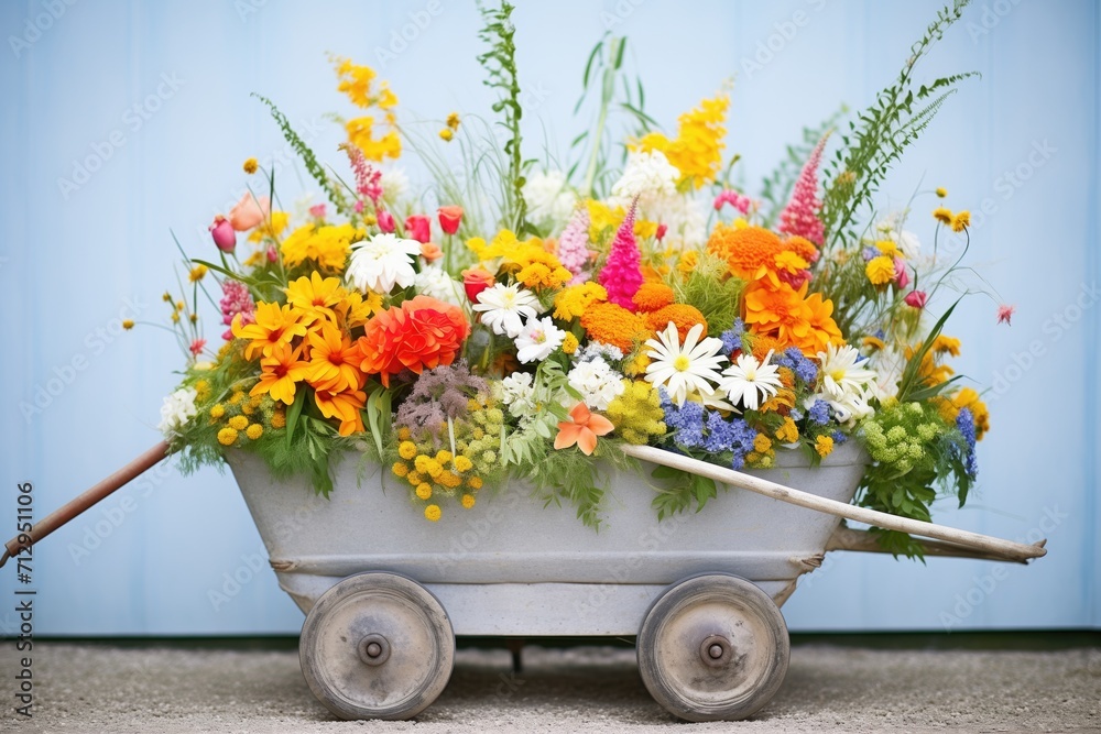 full wheelbarrow with garden flowers