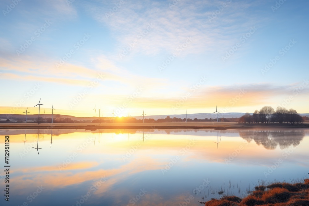 wind farm reflected in a nearby lake during sunrise