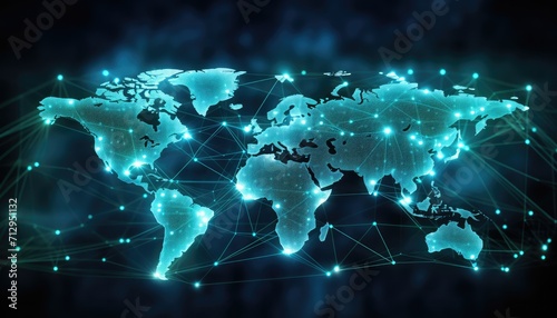 World map with glowing contours and binary data stream. Technology and globalization concept.