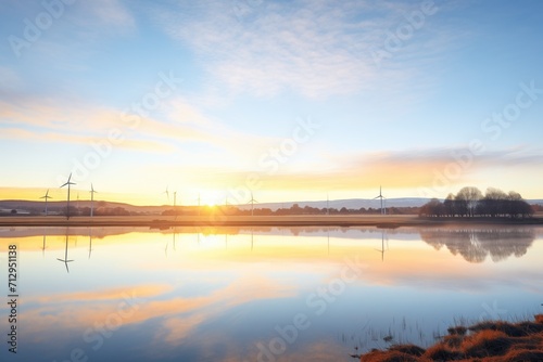 wind farm reflected in a nearby lake during sunrise