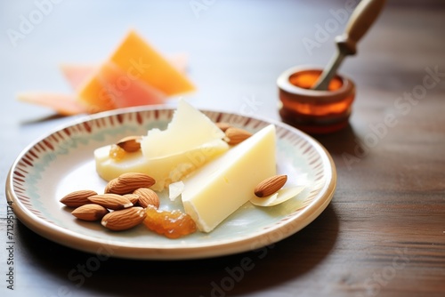 aged manchego slices with quince paste and almonds photo