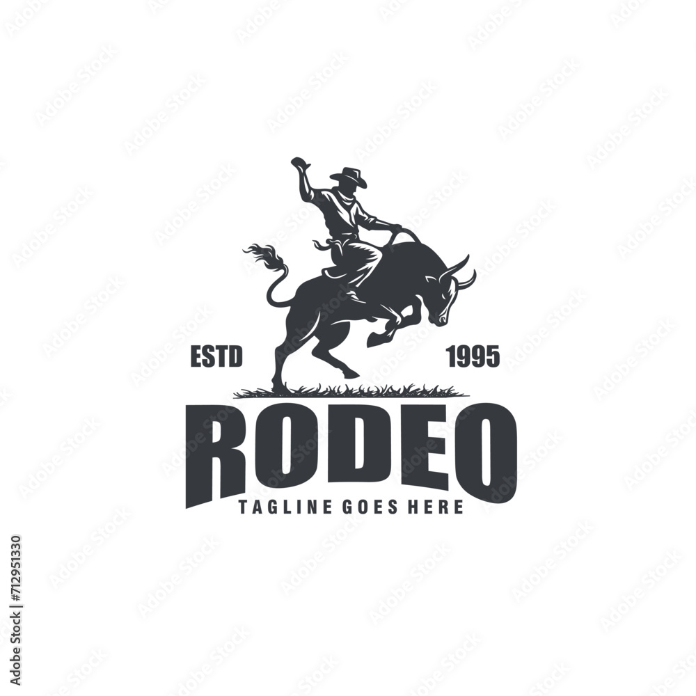 cowboy riding a raging bull rodeo silhouette logo vector graphic