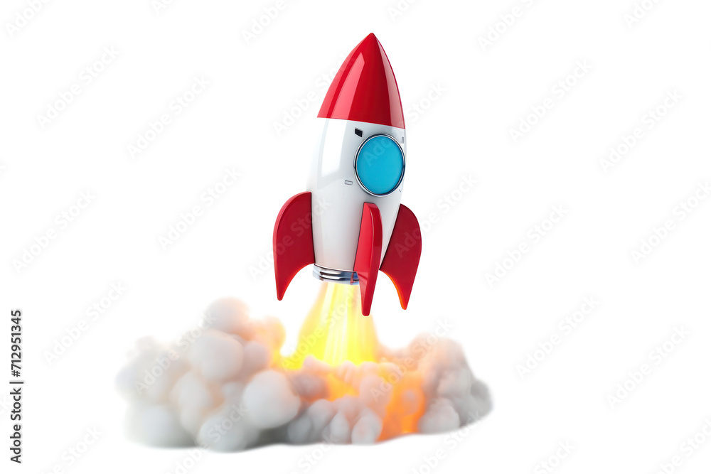 3D cartoon rocket launch in space Business startup and business growth concept, isolated on white background 3D cartoon rocket launch in space Business startup and business growth concept, isolated on white background