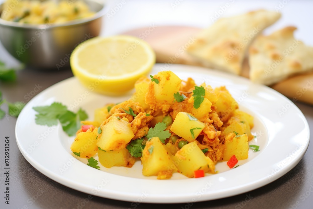 aloo gobi with lemon wedge on side plate aloo gobi with lemon wedge on side plate