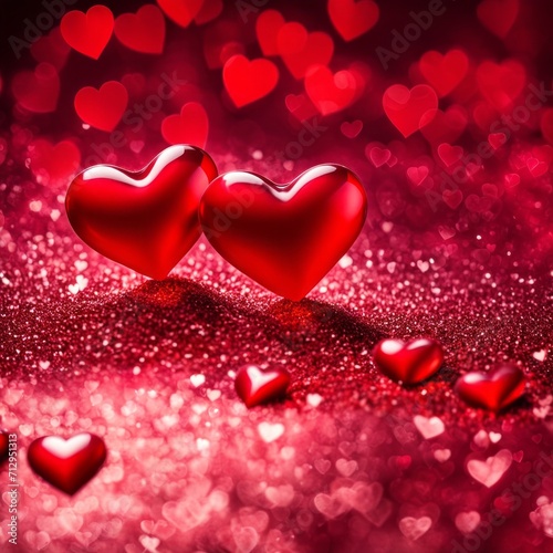 Red Hearts On Shiny Glitter Background