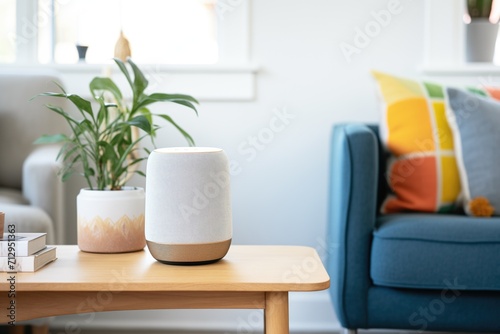 voice activated smart speaker on a living room table