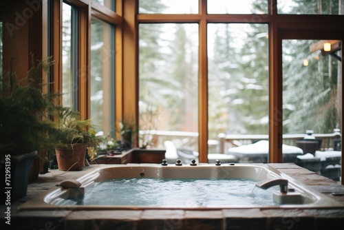hot tub with forest view through large windows