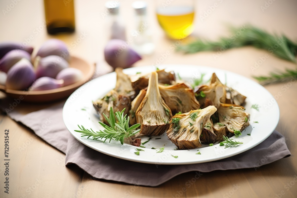 roasted artichoke hearts with herbs on a ceramic plate roasted artichoke hearts with herbs on a ceramic plate