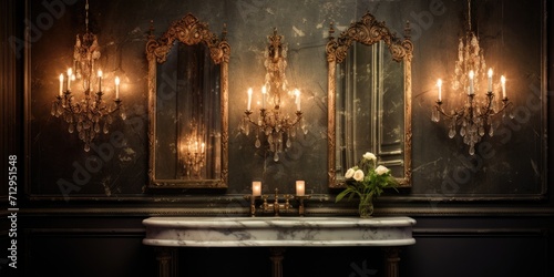 Antique mirror and vintage wall sconces adorn the bathroom, creating an elegant and artistic interior.