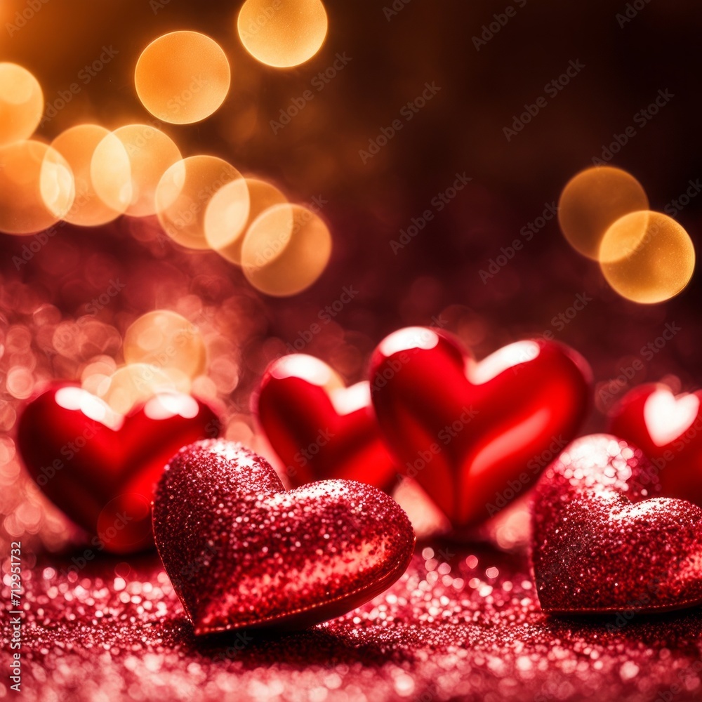 Fototapeta premium Red Hearts On Shiny Glitter Background