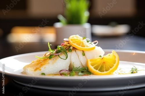 baked cod side view with lemon wedge garnish