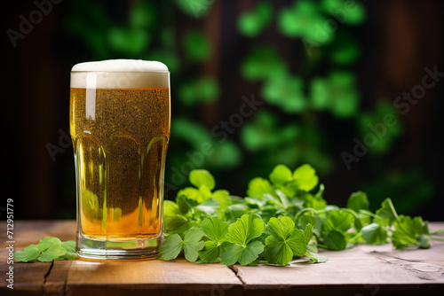 A glass of beer on a wooden table with leaves. St. Patrick's Day background