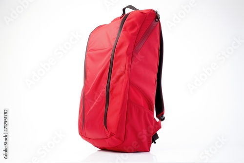 bright red backpack upright on white backdrop