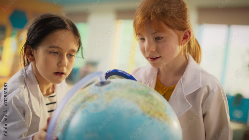 Elementary School Students Conducting Geography Class Research, Using a Globe and a Magnifying Glass to See the Locations Better. Two Young Curious Girls Wearing White Lab Coats During the Experiment Elementary School Students Conducting Geography Class Research, Using a Globe and a Magnifying Glass to See the Locations Better. Two Young Curious Girls Wearing White Lab Coats During the Experiment