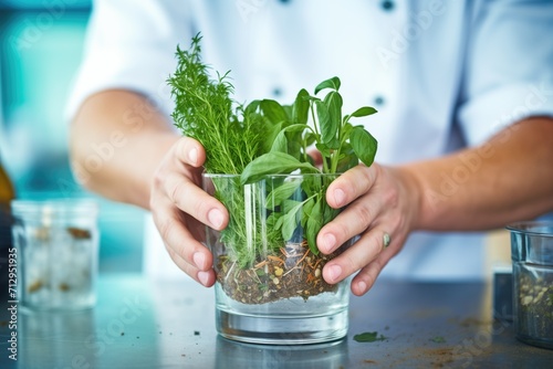 closeup of a bartenders hands muddling herbs in a glass photo