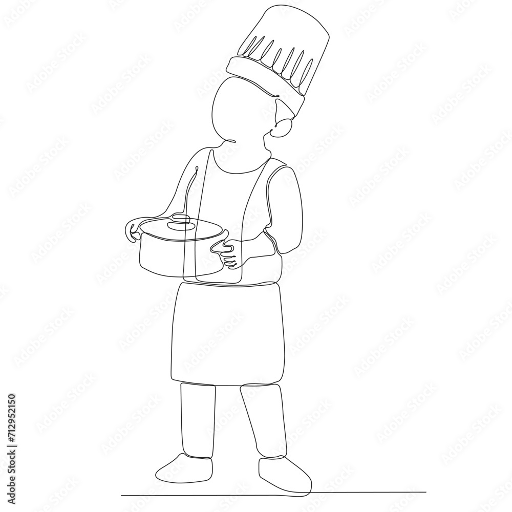 Single continuous line drawing of young male chef cooking in restaurant kitchen Single continuous line drawing of young male chef cooking in restaurant kitchen