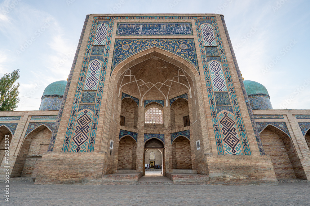 JUNE 20, 2023, TASHKENT, UZBEKISTAN: View to Abubakr Kaffal-Shashi mausoleum part of Hazrati Imam ensemble complex. Uzbekistan, copy space for text, blue sky
