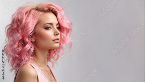 young woman with pink hair isolated on bright white background